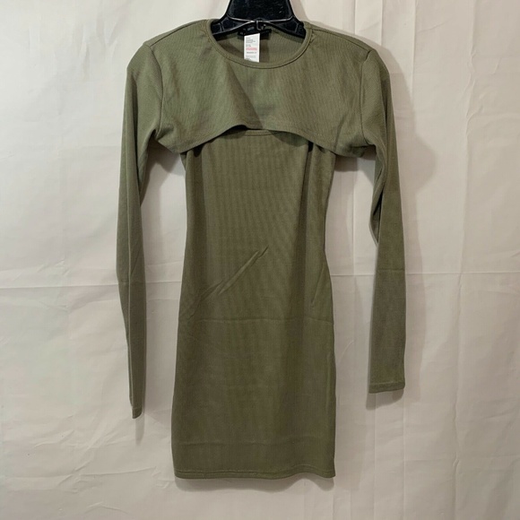 Revamped Women NWT Ribbed Knit Super Crop Top & Mini Dress Set in Olive - Picture 1 of 2